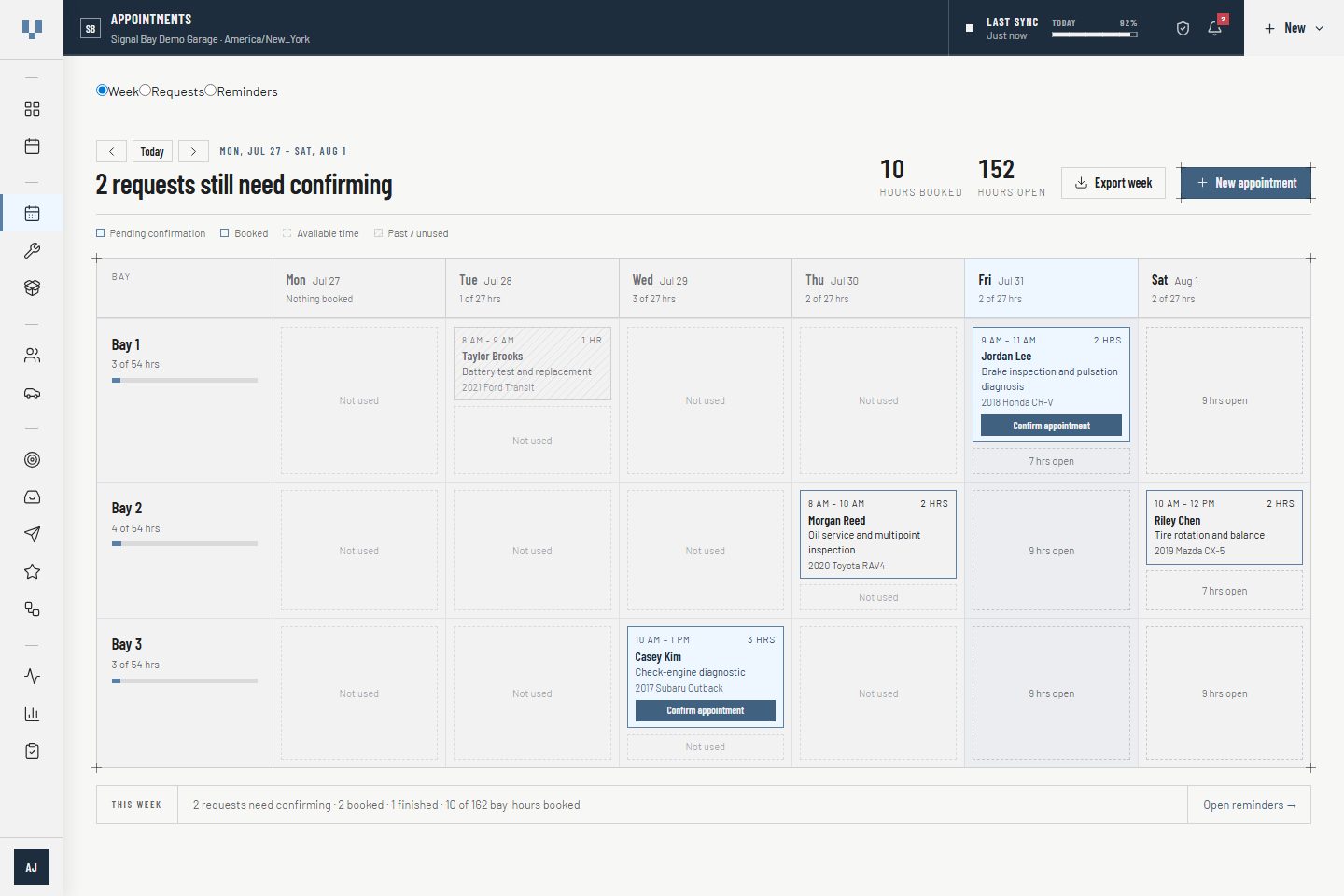 VehicleDesk appointment workspace with synthetic request, schedule, customer, and vehicle context