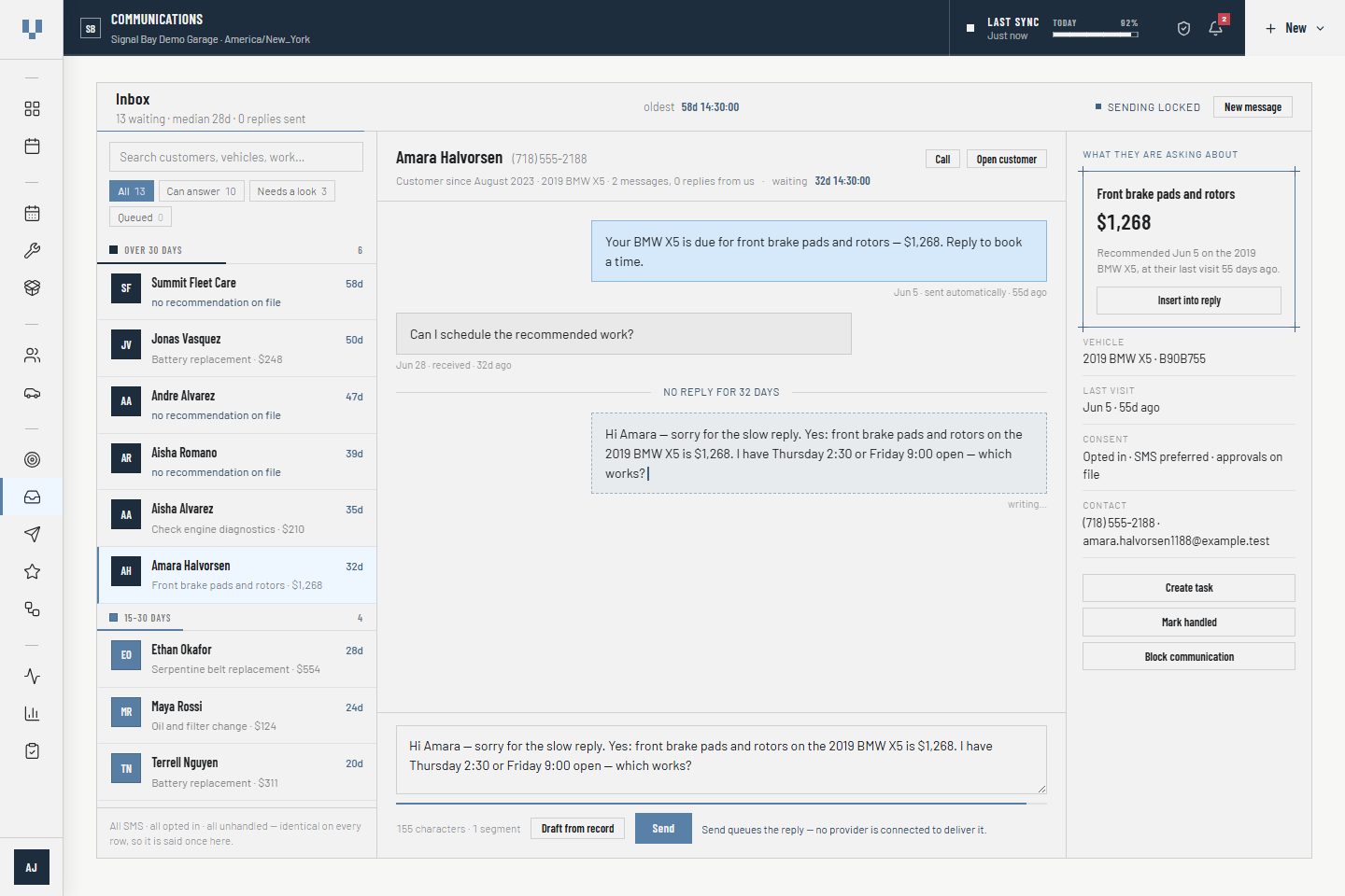 VehicleDesk communications inbox with synthetic conversations, customer context, and delivery-safety state
