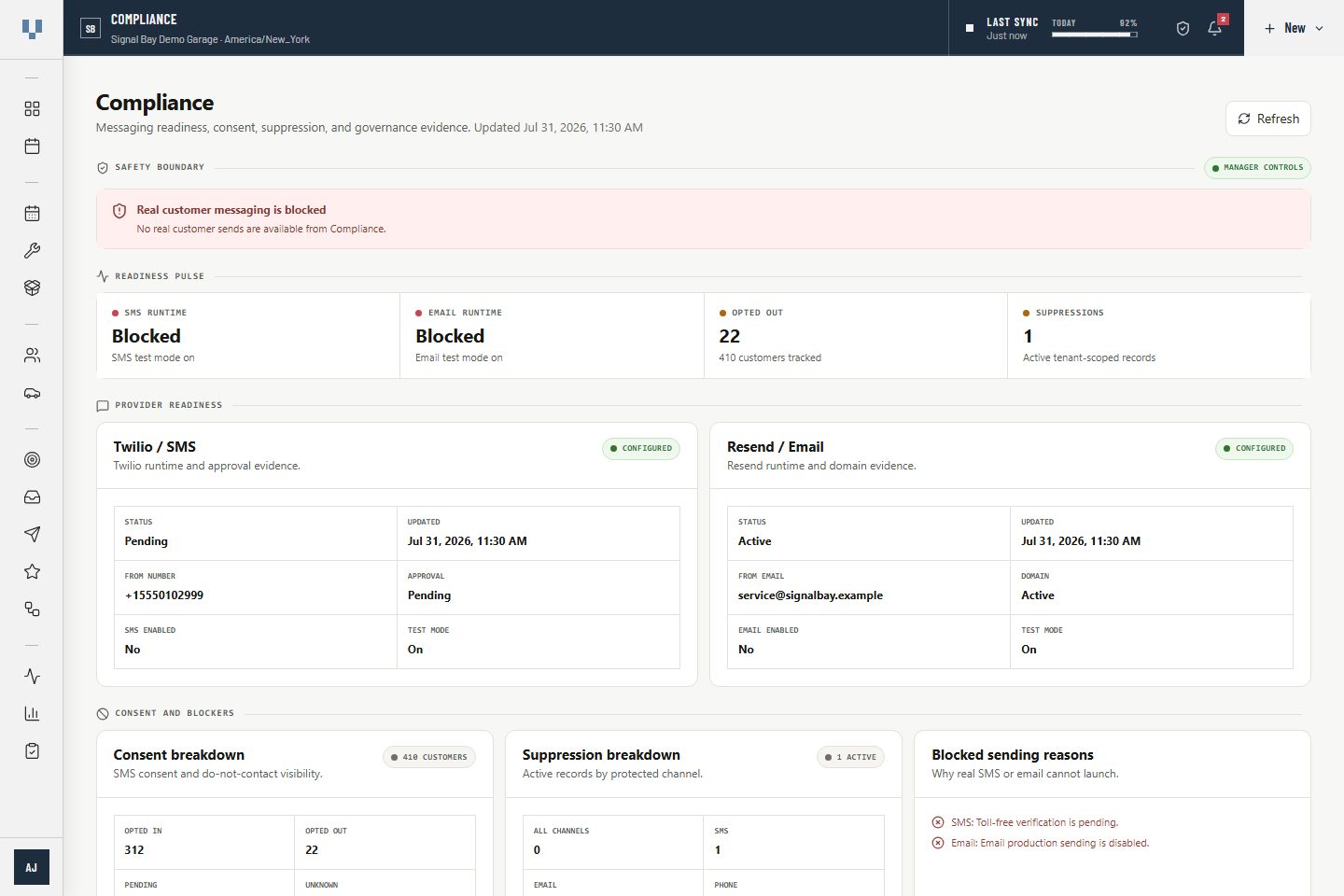 VehicleDesk compliance workspace with synthetic consent, suppression, policy, and blocked-send evidence