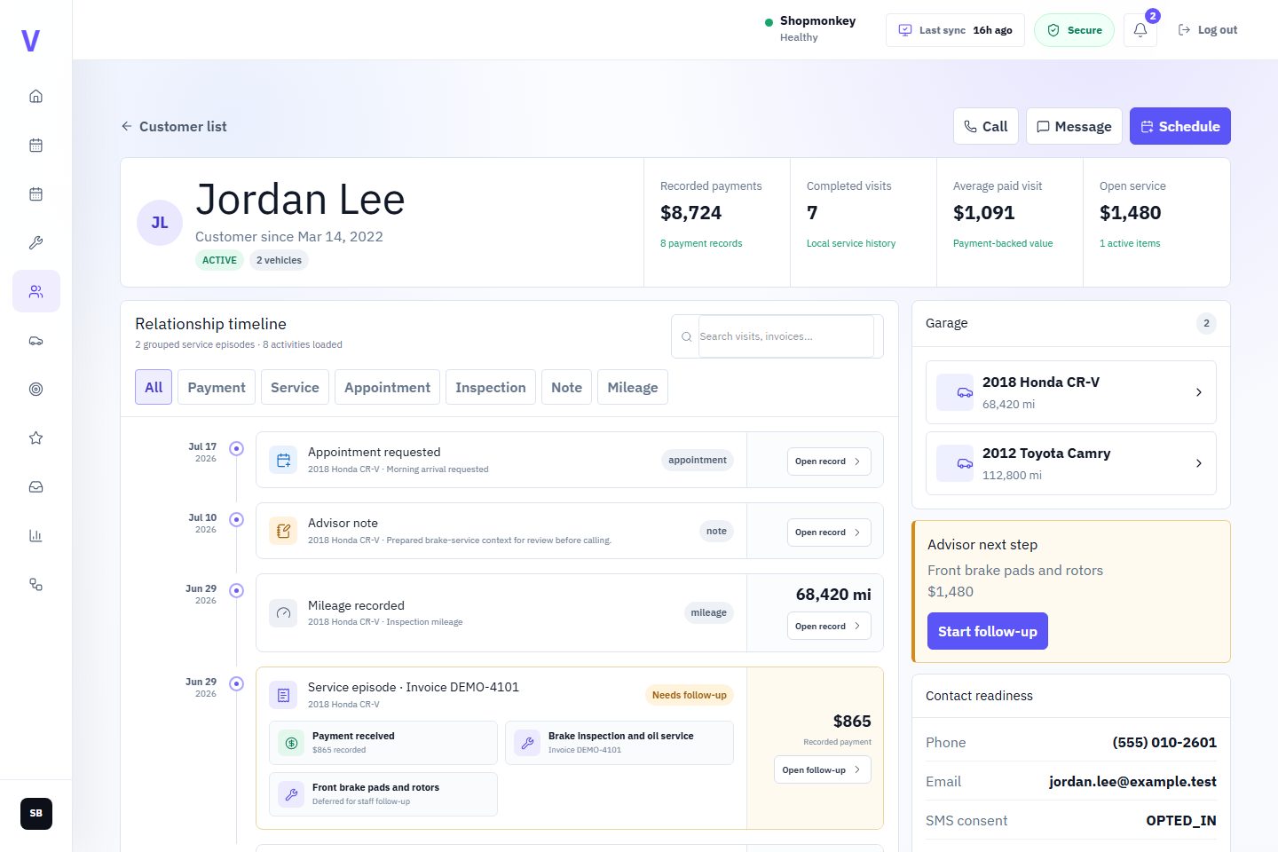 VehicleDesk relationship timeline with a synthetic customer, vehicles, service, and payment context