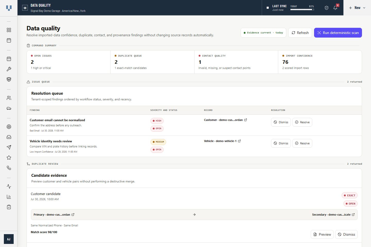 VehicleDesk data-quality workspace with synthetic provenance, duplicate, contact, and linkage findings