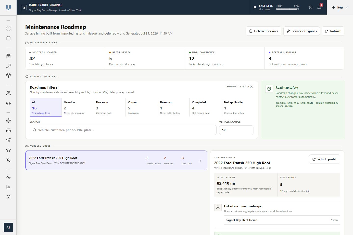 VehicleDesk maintenance roadmap with synthetic vehicle, mileage, service, and recommendation evidence