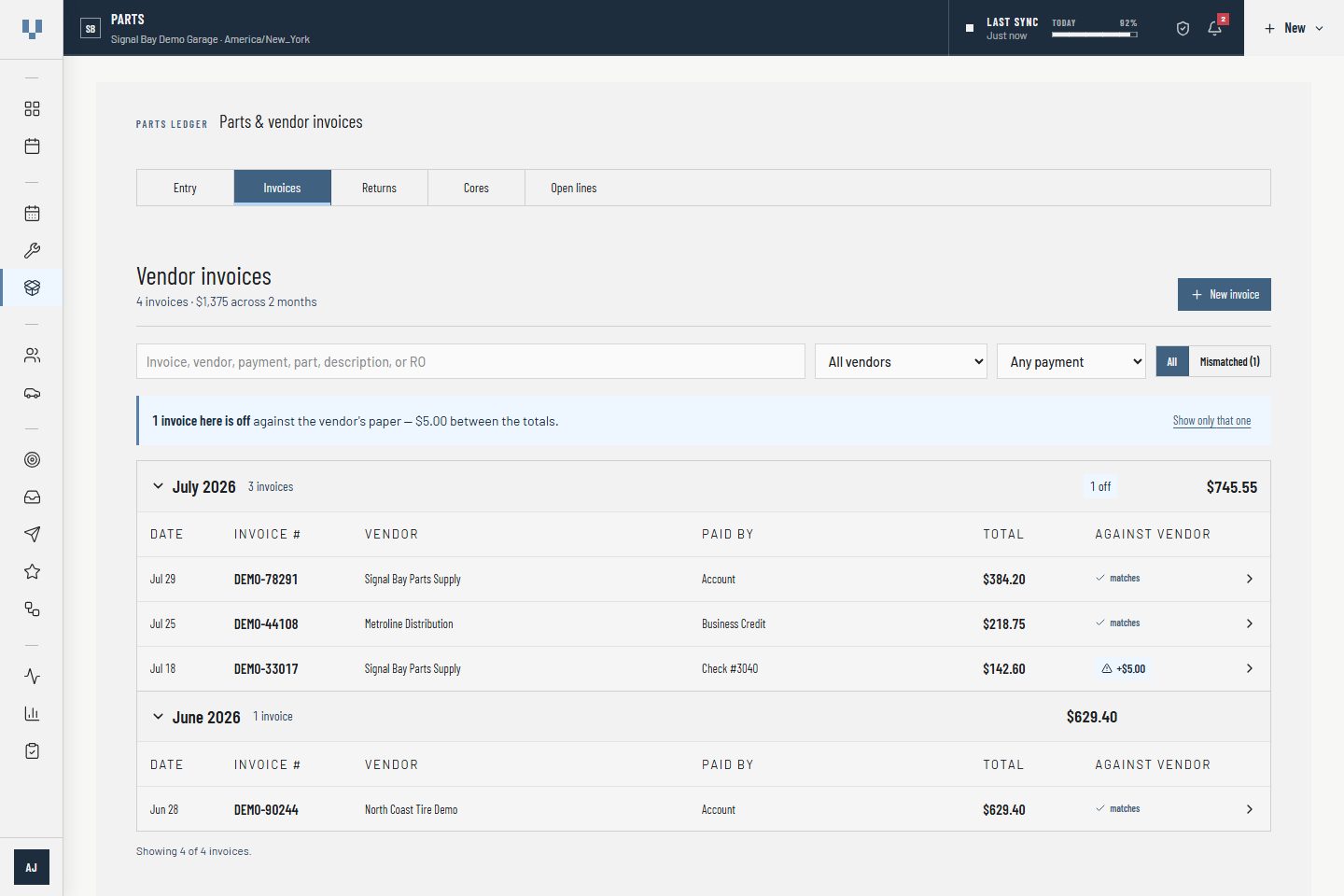 VehicleDesk parts workspace with synthetic vendor invoices, returns, cores, credits, and repair-order context