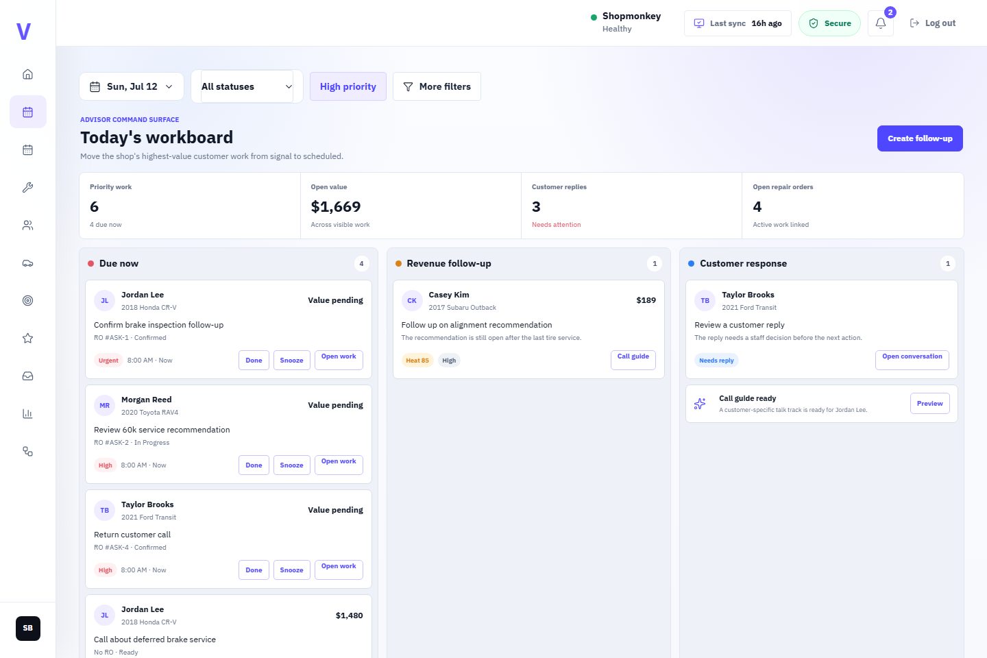 VehicleDesk Today workboard with synthetic advisor tasks